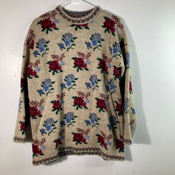 Womens Vintage 90s Dana Scott Floral Sweater Crew Neck Tan Red M Acrylic - Picture 1 of 8
